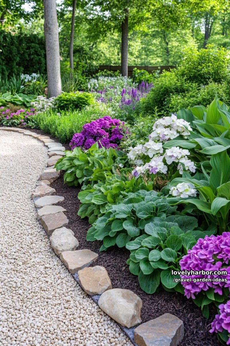 gravel pathway winding through lush garden with stones and perennials. 1