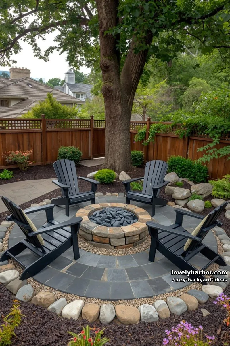 20 Cozy Backyard Ideas You Must Try 35 gravel patio with fire pit, adirondack chairs, mature tree, and privacy fence 1