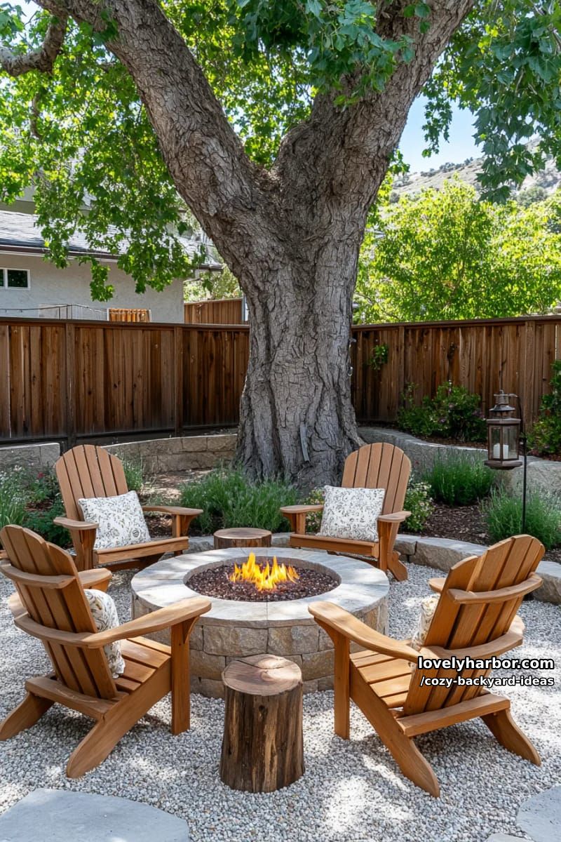 gravel patio with fire pit, adirondack chairs, mature tree, and privacy fence 1