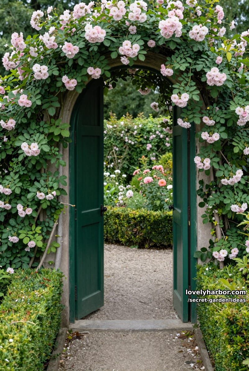 green arched garden doorway, rose vines, and trimmed boxwood pathway. 1