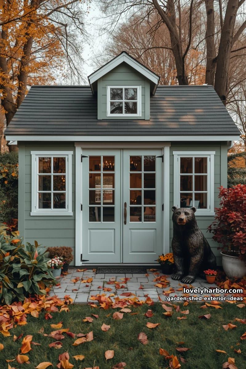 green cottage with dormer window, french doors, autumn leaves, and bear statue. 1