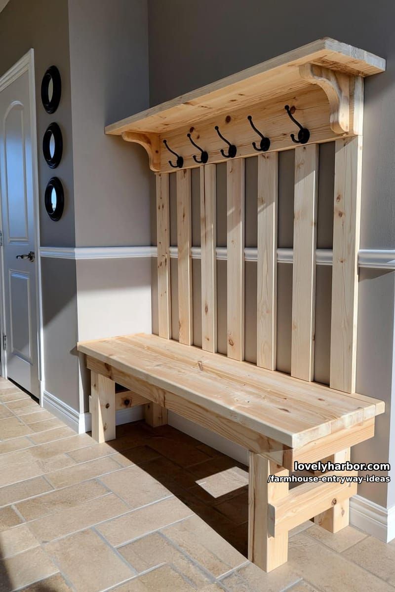 hallway with built-in bench, wooden shelf, coat hooks, and gray walls. 1