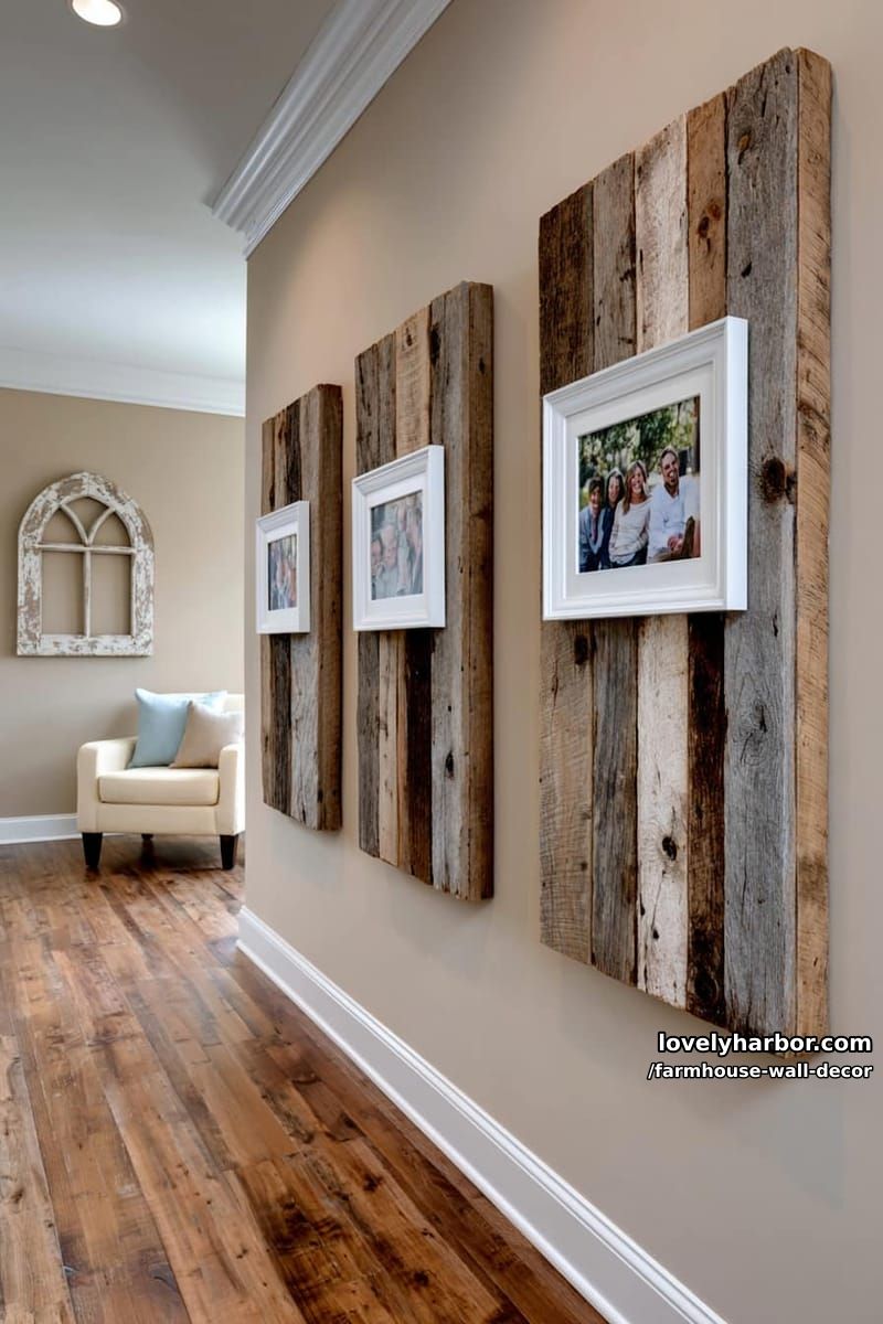 hallway with reclaimed wood wall art featuring framed family photos. 1