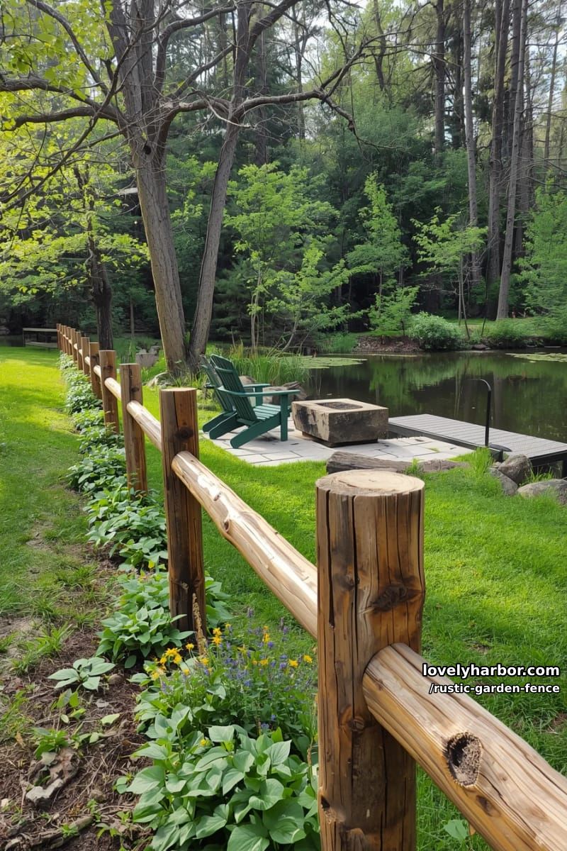 handcrafted log fence beside walkway, pond, and adirondack chairs. 1
