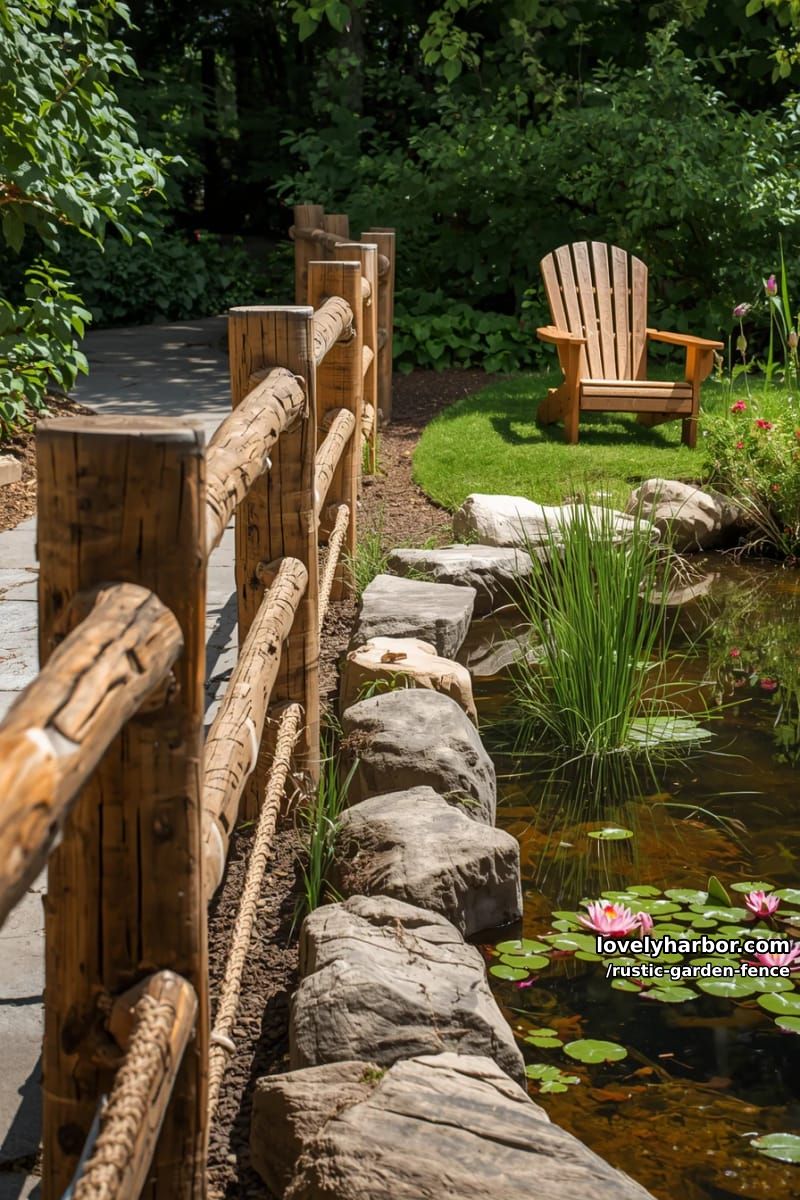 handcrafted log fence beside walkway, pond, and adirondack chairs. 1