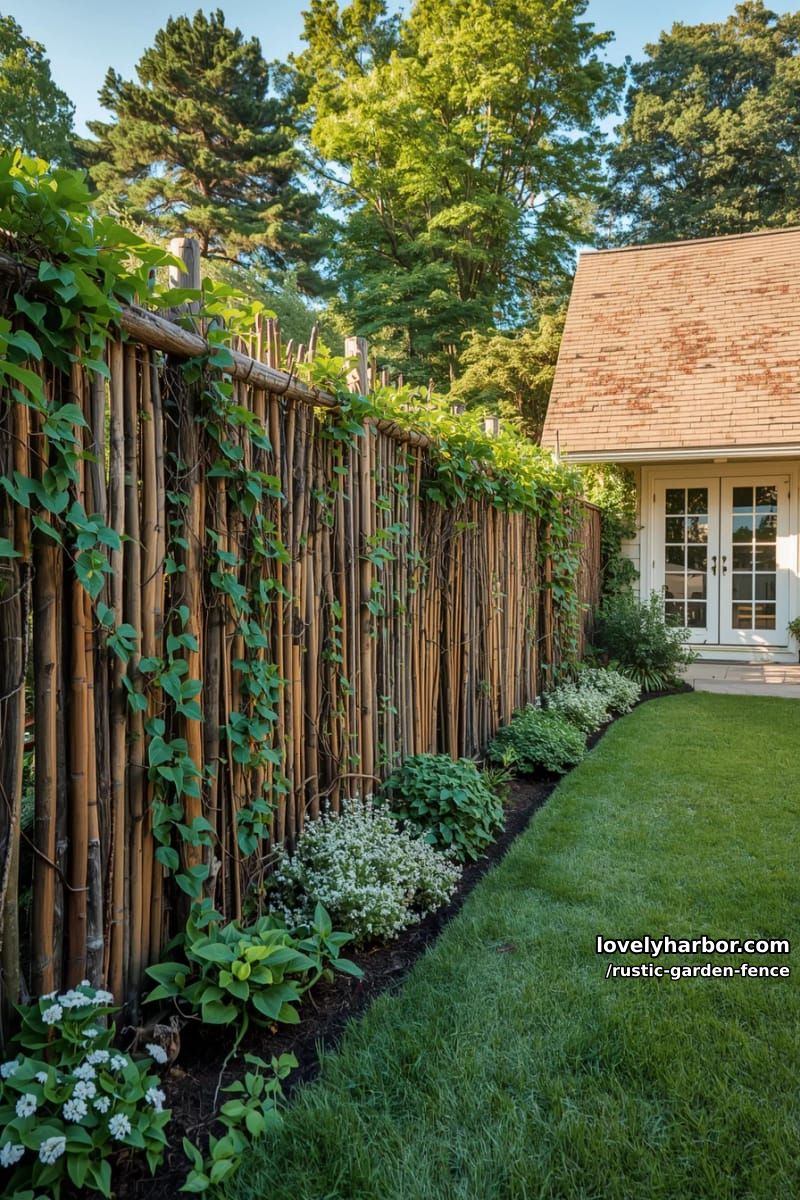 handcrafted stick fence with climbing plants and neat flower bed. 1