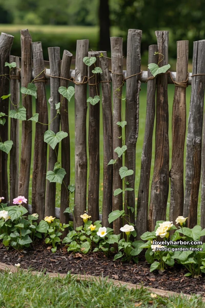 handcrafted stick fence with climbing plants and neat flower bed. 1