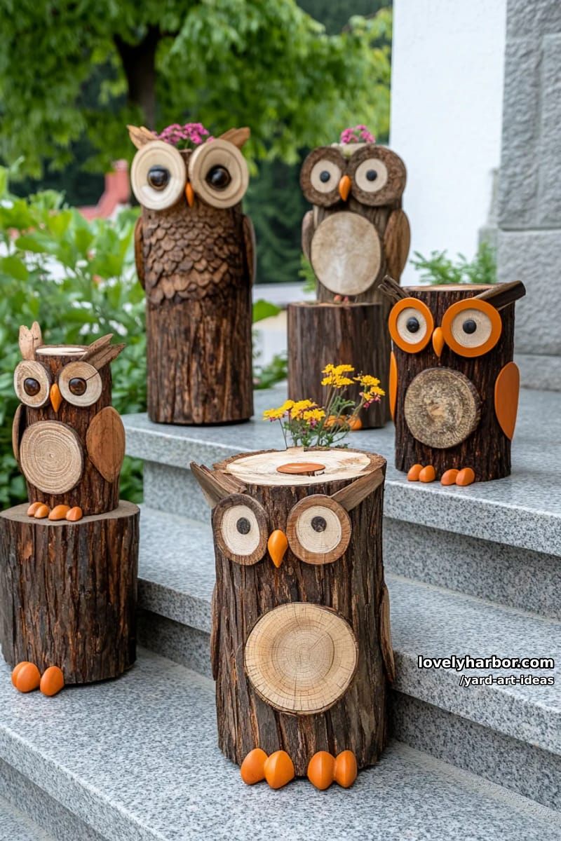 handcrafted wooden owl sculptures arranged on outdoor stone steps. 1