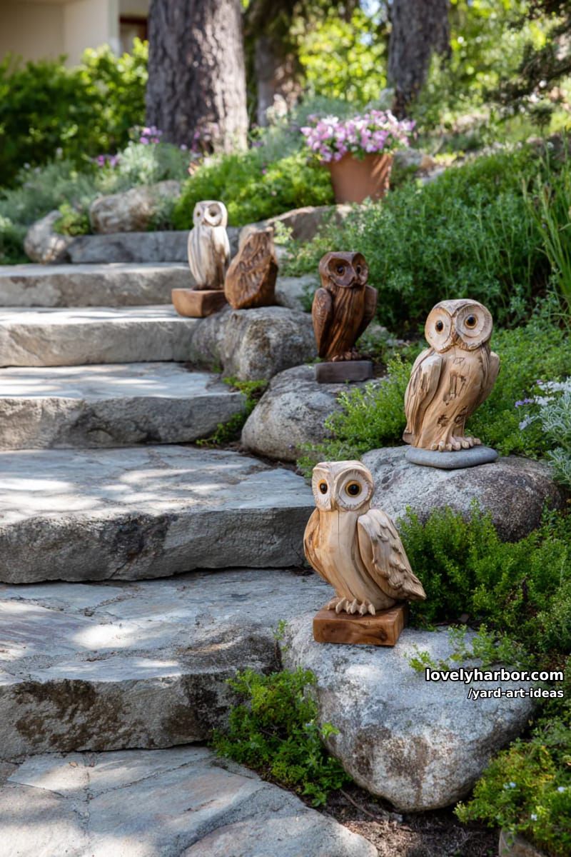 handcrafted wooden owl sculptures arranged on outdoor stone steps. 1