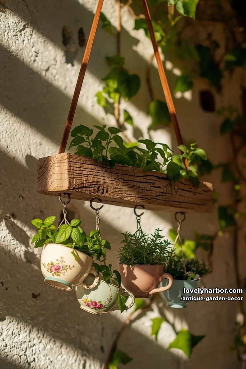 20 Antique Garden Decor Ideas for an Extraordinary Look 36 hanging herb planters using vintage pastel teacups and wooden beam outdoors. 1