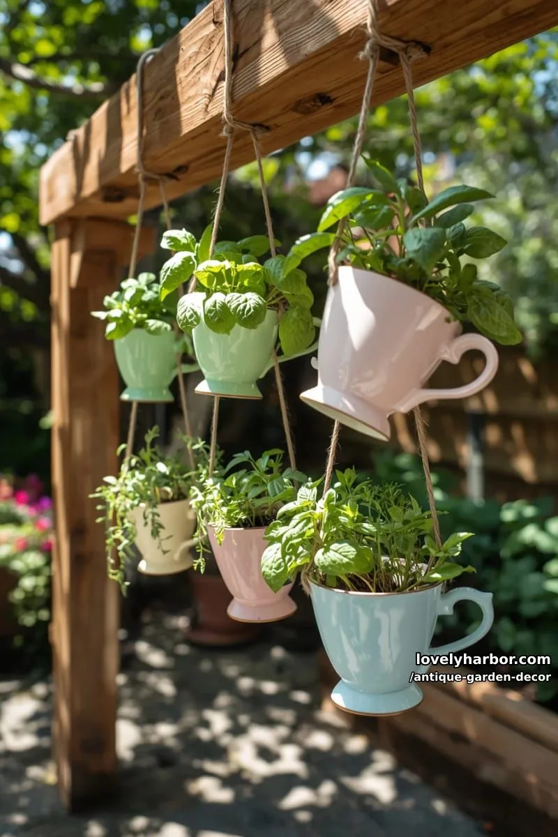 20 Antique Garden Decor Ideas for an Extraordinary Look 37 hanging herb planters using vintage pastel teacups and wooden beam outdoors. 1