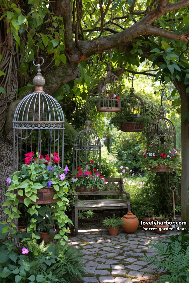 hanging vintage birdcage planters filled with colorful flowers and foliage. 1