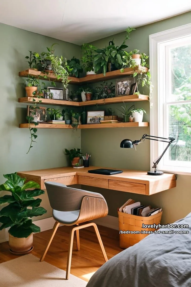 23 Unique Bedroom Ideas for Small Rooms 22 home office corner with floating desk, shelves, and houseplants. 1