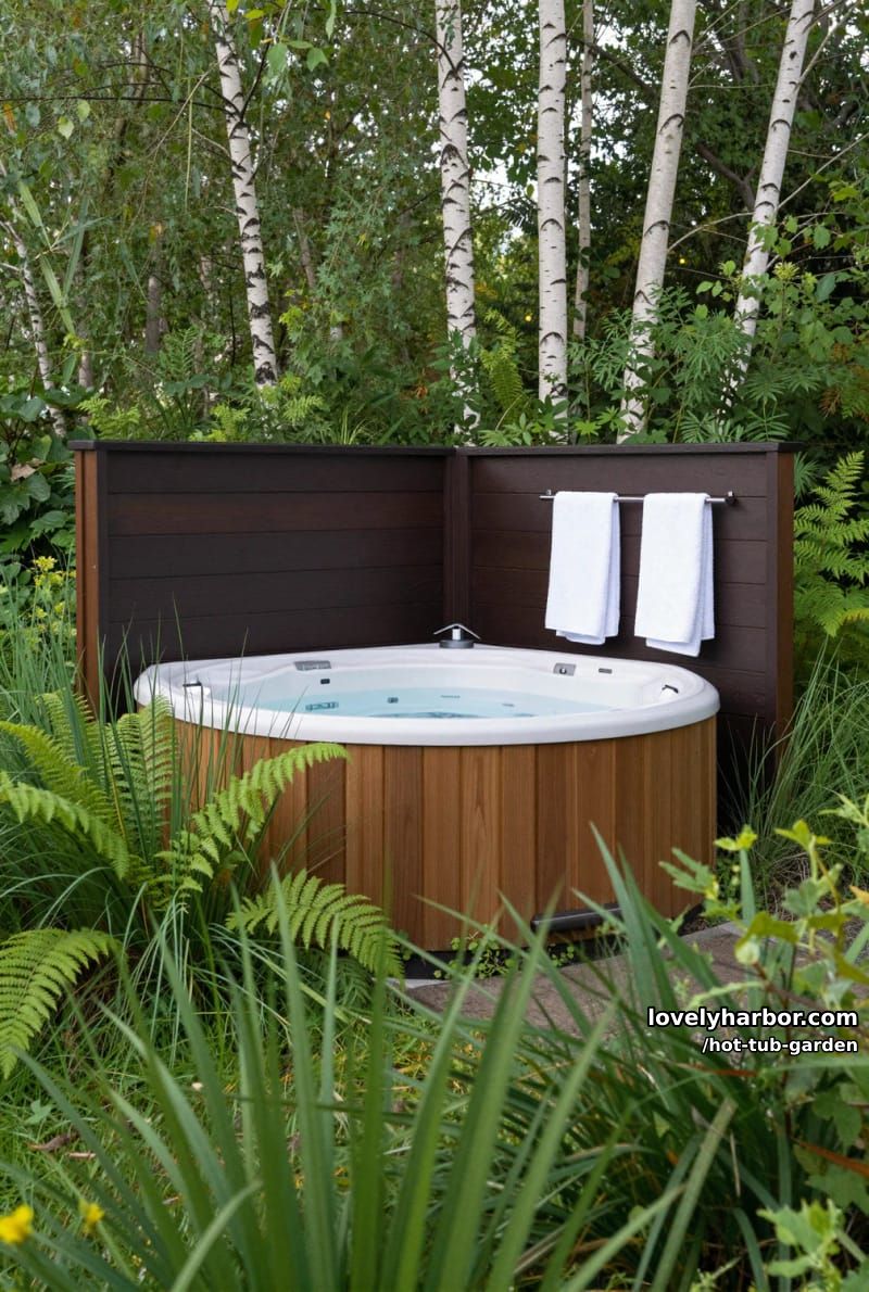 hot tub among wild grass and ferns with privacy screen and birch trees. 1