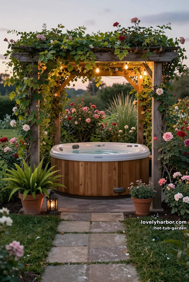 hot tub under pergola with vines, string lights, and garden view. 1