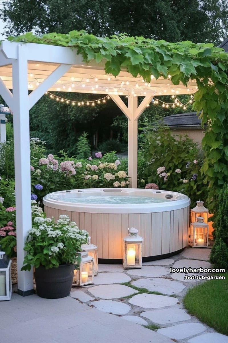 hot tub under pergola with vines, string lights, and garden view. 1