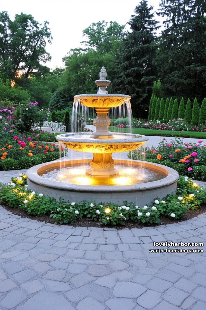 illuminated stone tiered fountain on cobblestone path in formal rose garden. 1