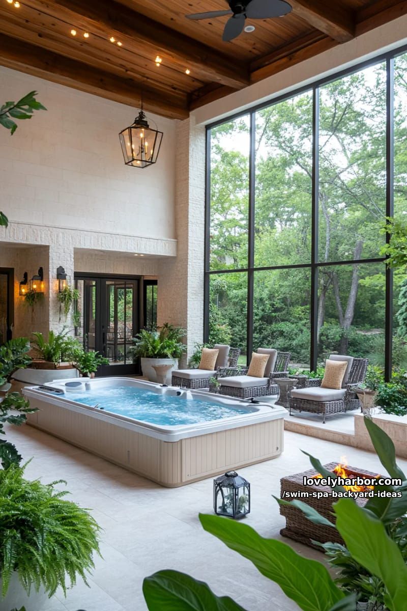 indoor and outdoor swim spa environments with natural light and accessories. 1