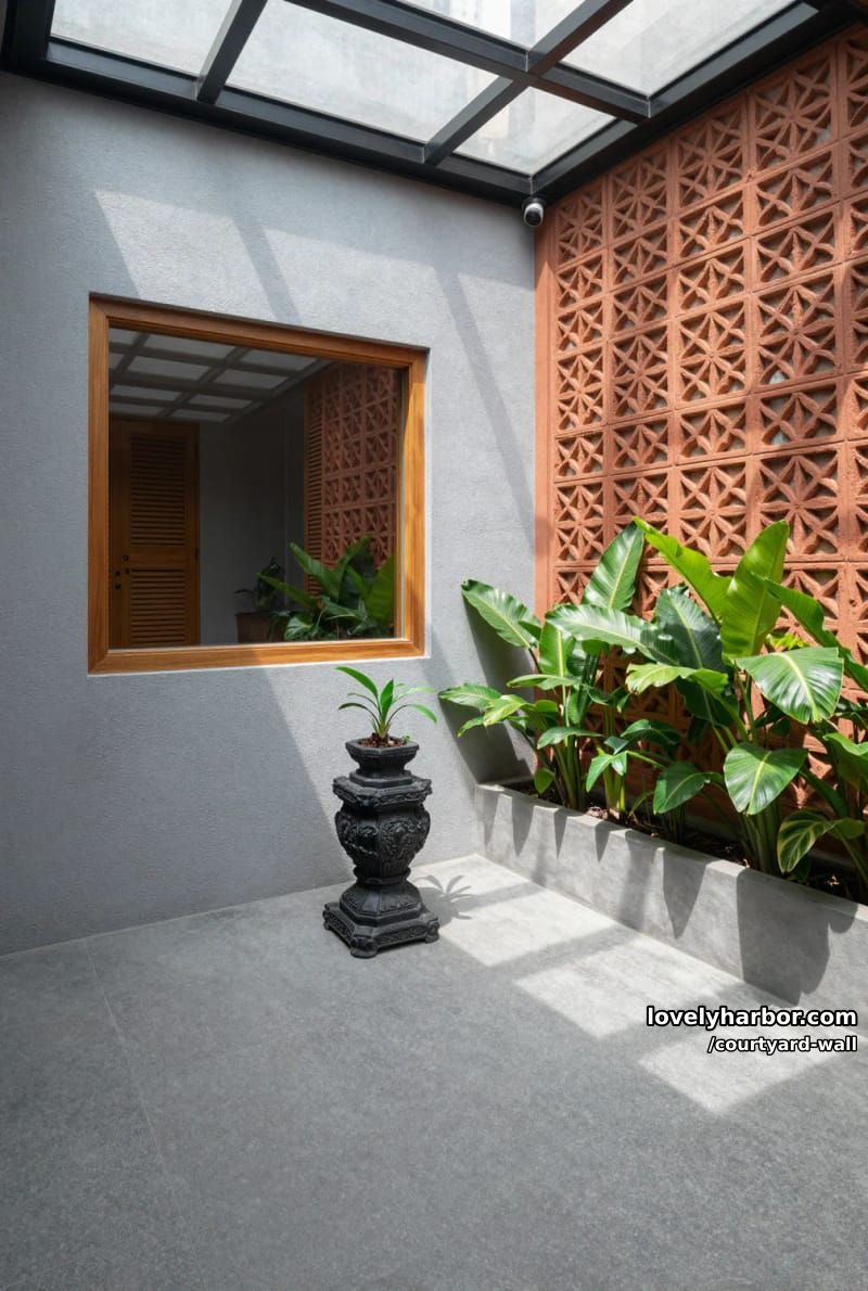 indoor courtyard with gray stone floor, terracotta lattice, and tulsi pedestal 1