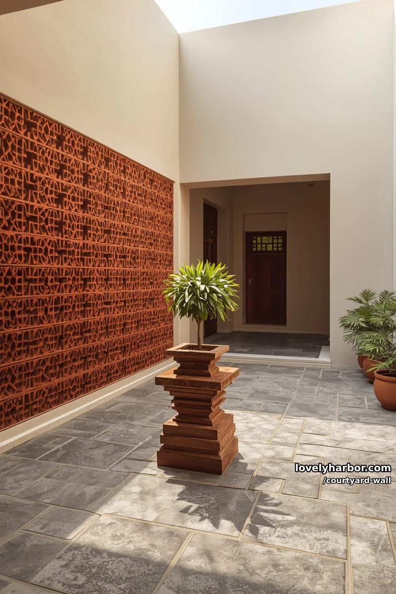 indoor courtyard with gray stone floor, terracotta lattice, and tulsi pedestal 1