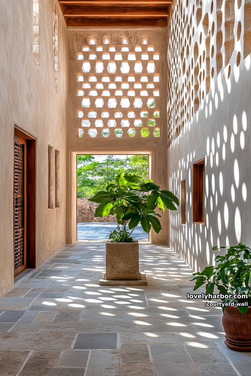 indoor courtyard with gray stone floor, terracotta lattice, and tulsi pedestal 1