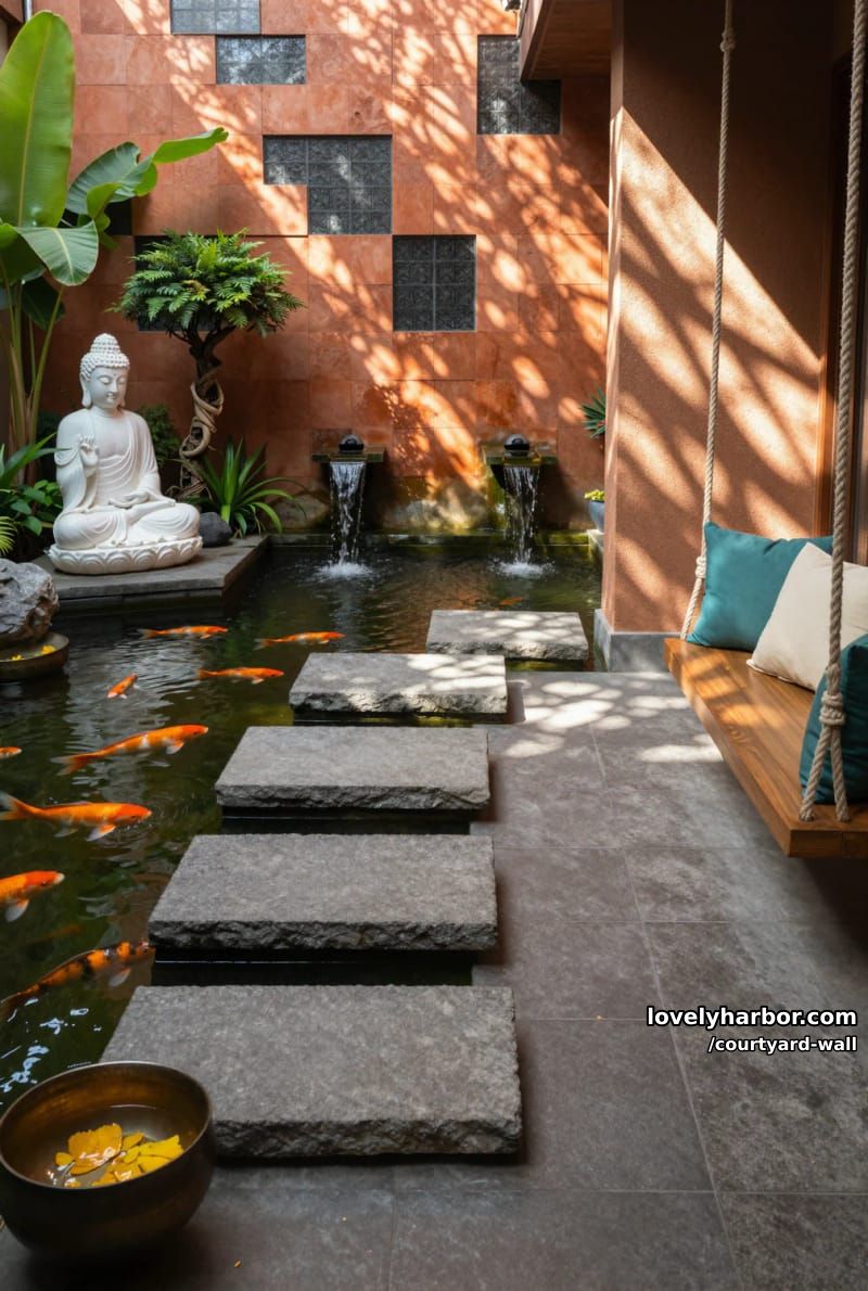 indoor courtyard with koi pond, buddha statue, terracotta screen, and swing 1