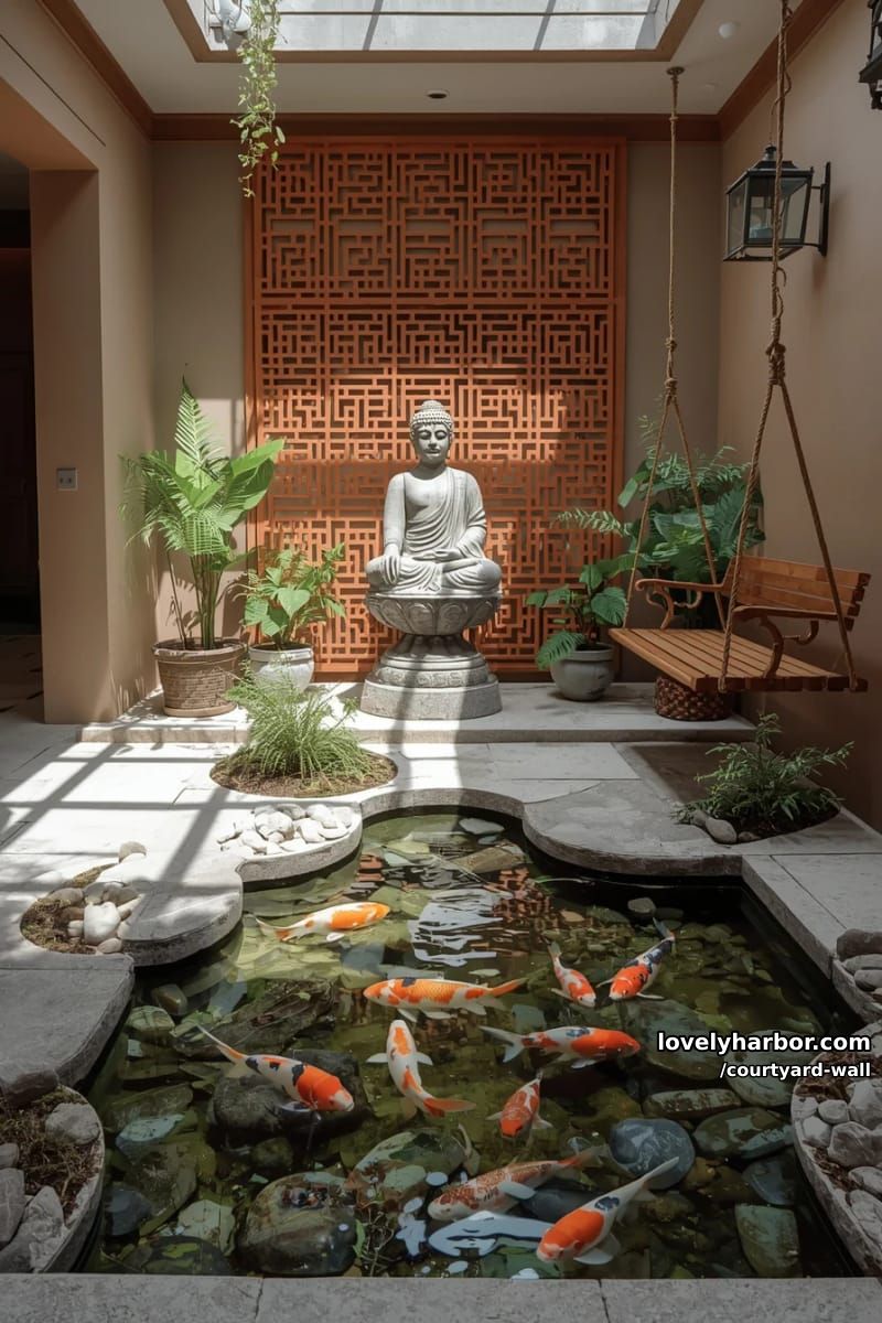 indoor courtyard with koi pond, buddha statue, terracotta screen, and swing 1