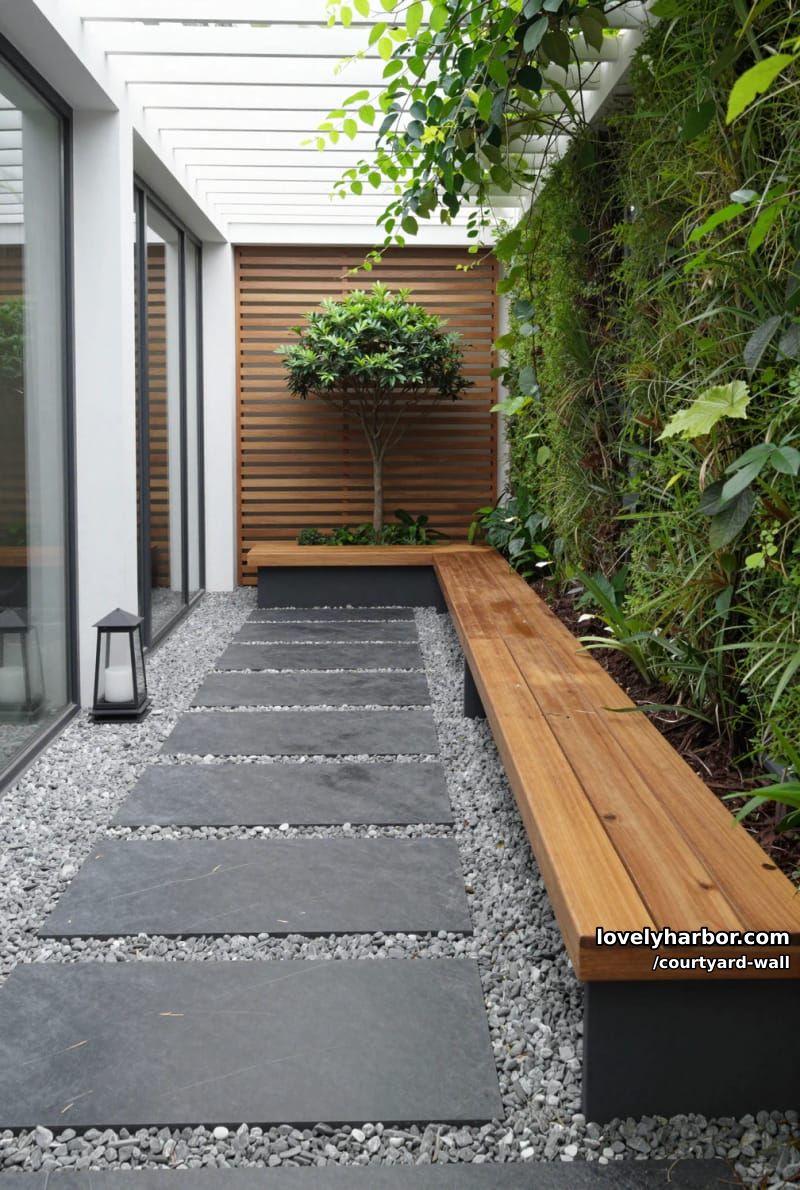 indoor-outdoor corridor with stone tiles, vertical garden, and wooden bench 1