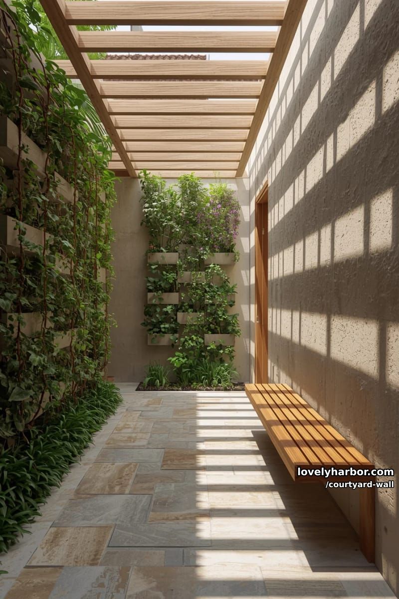 indoor-outdoor corridor with stone tiles, vertical garden, and wooden bench 1