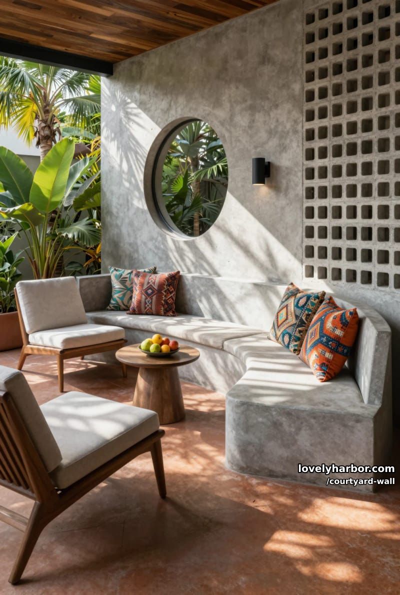 indoor-outdoor lounge with concrete wall, circular window, and tropical plants 1