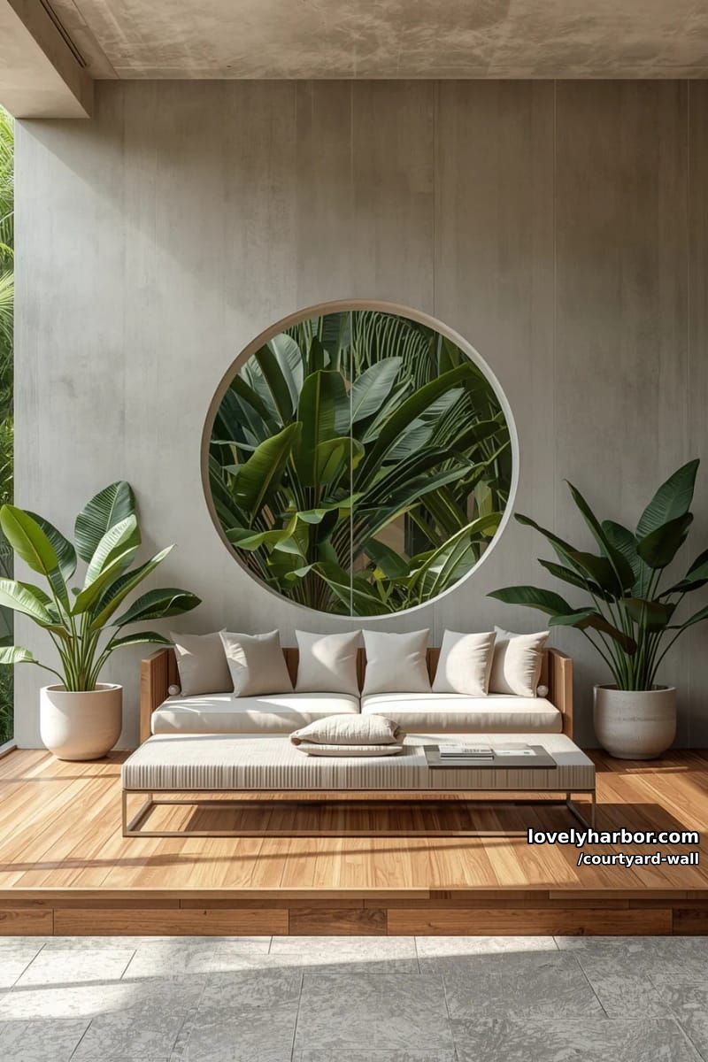 indoor-outdoor lounge with concrete wall, circular window, and tropical plants 1