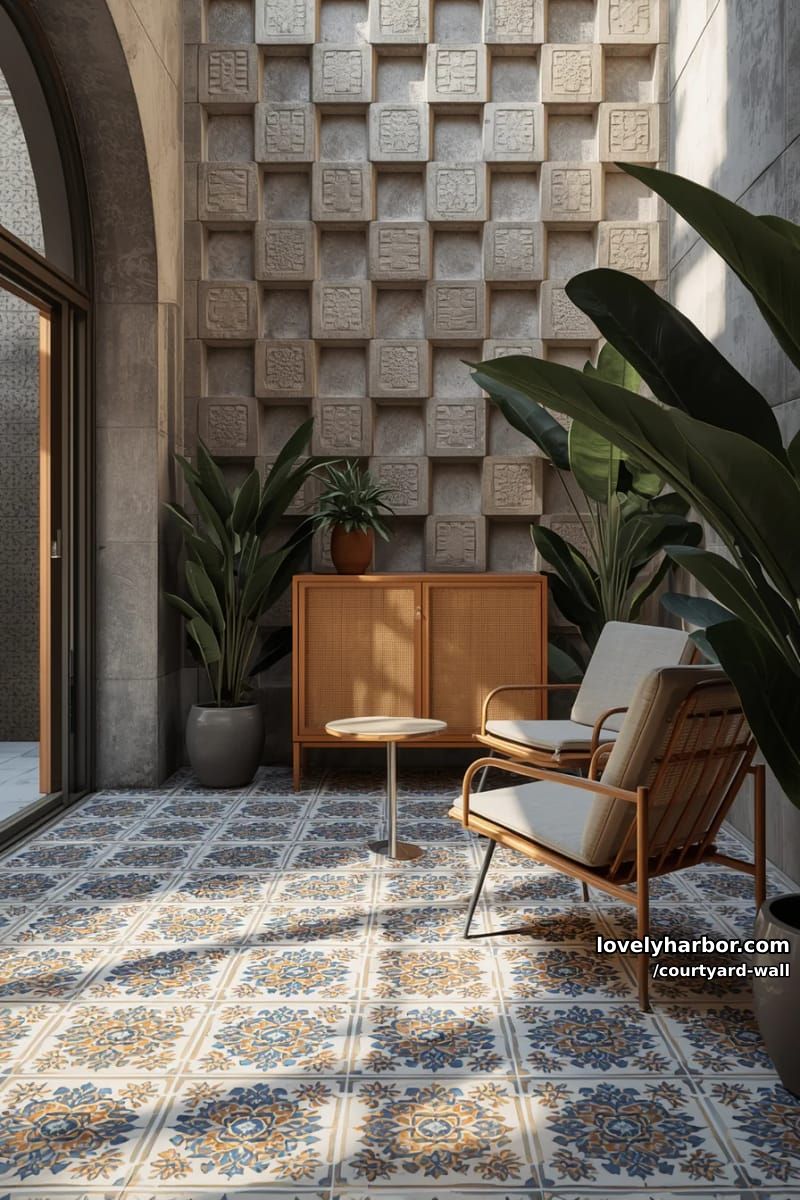 indoor seating area with breeze block screen, patterned tiles, and cane cabinet 1