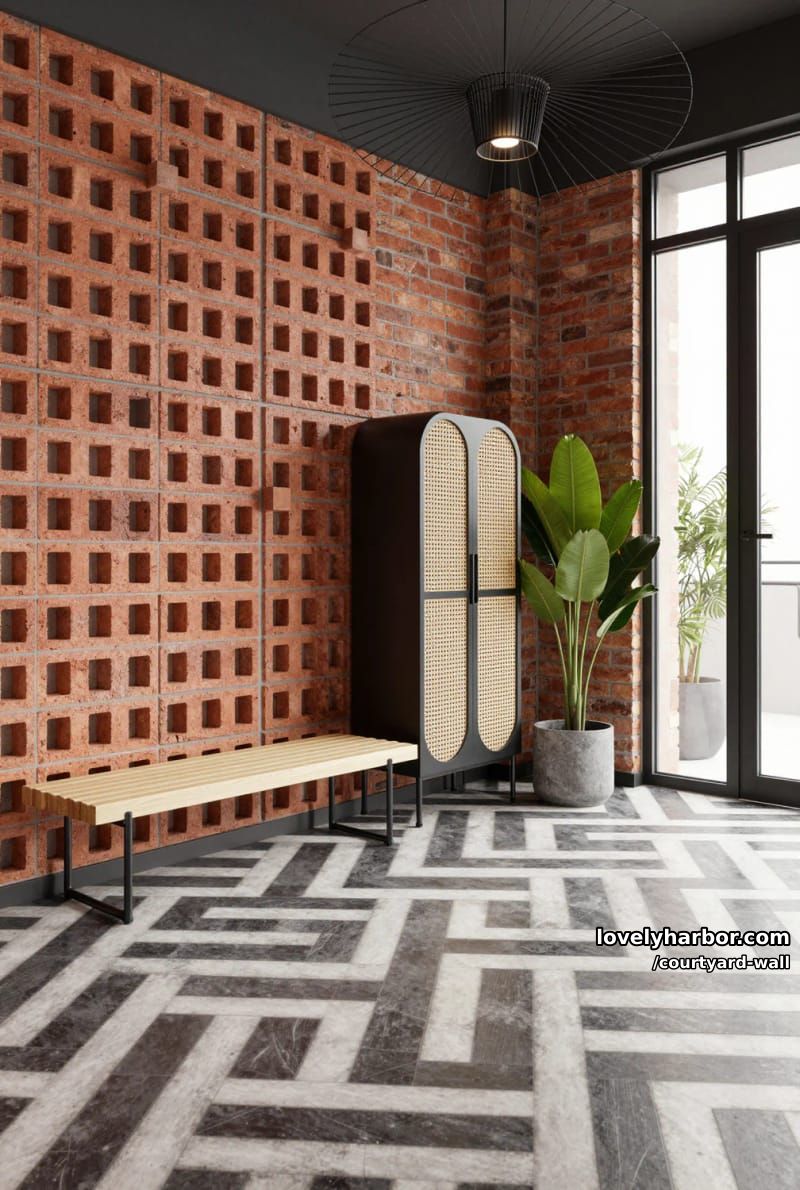 indoor seating area with breeze block screen, patterned tiles, and cane cabinet 1