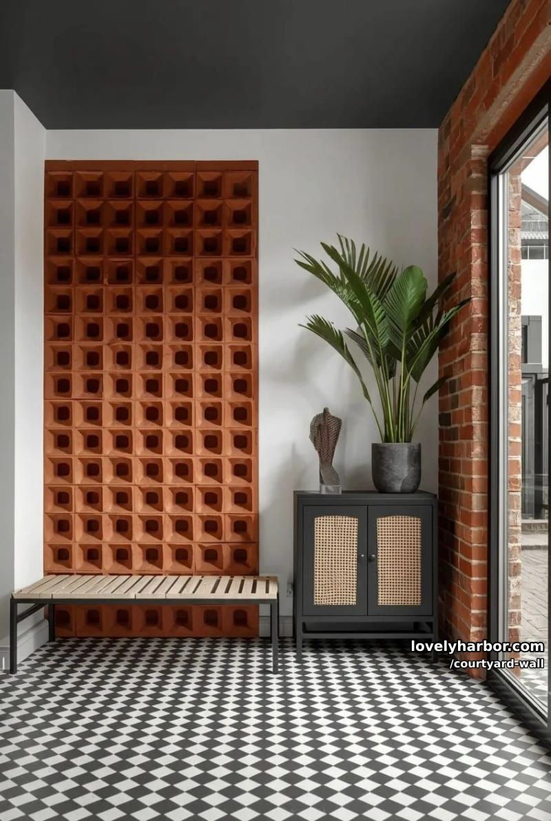 indoor seating area with breeze block screen, patterned tiles, and cane cabinet 1
