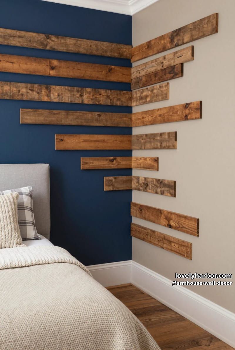 installing horizontal wood slats on wall, creating geometric accent pattern. 1