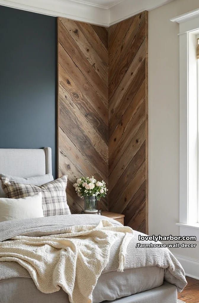 installing horizontal wood slats on wall, creating geometric accent pattern. 1