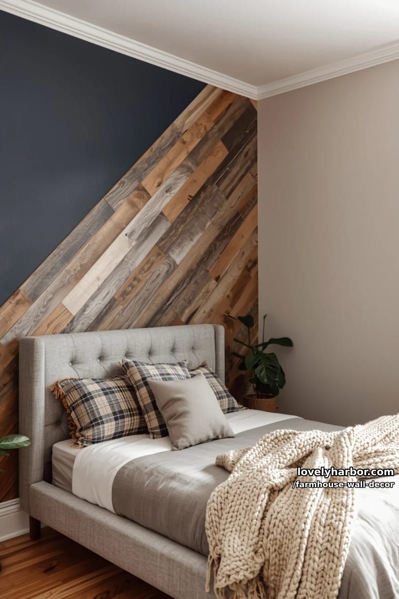 installing horizontal wood slats on wall, creating geometric accent pattern. 1