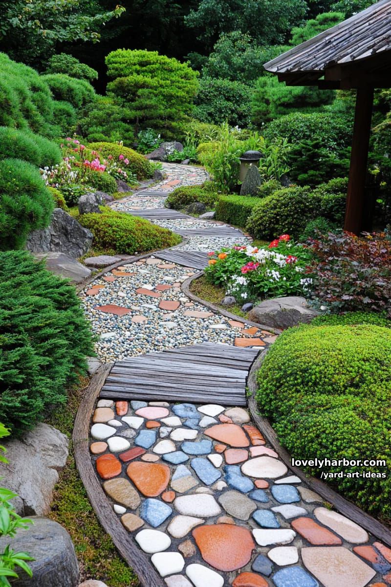 intricate mosaic garden pathway with stones, wood, and ceramic tiles. 1