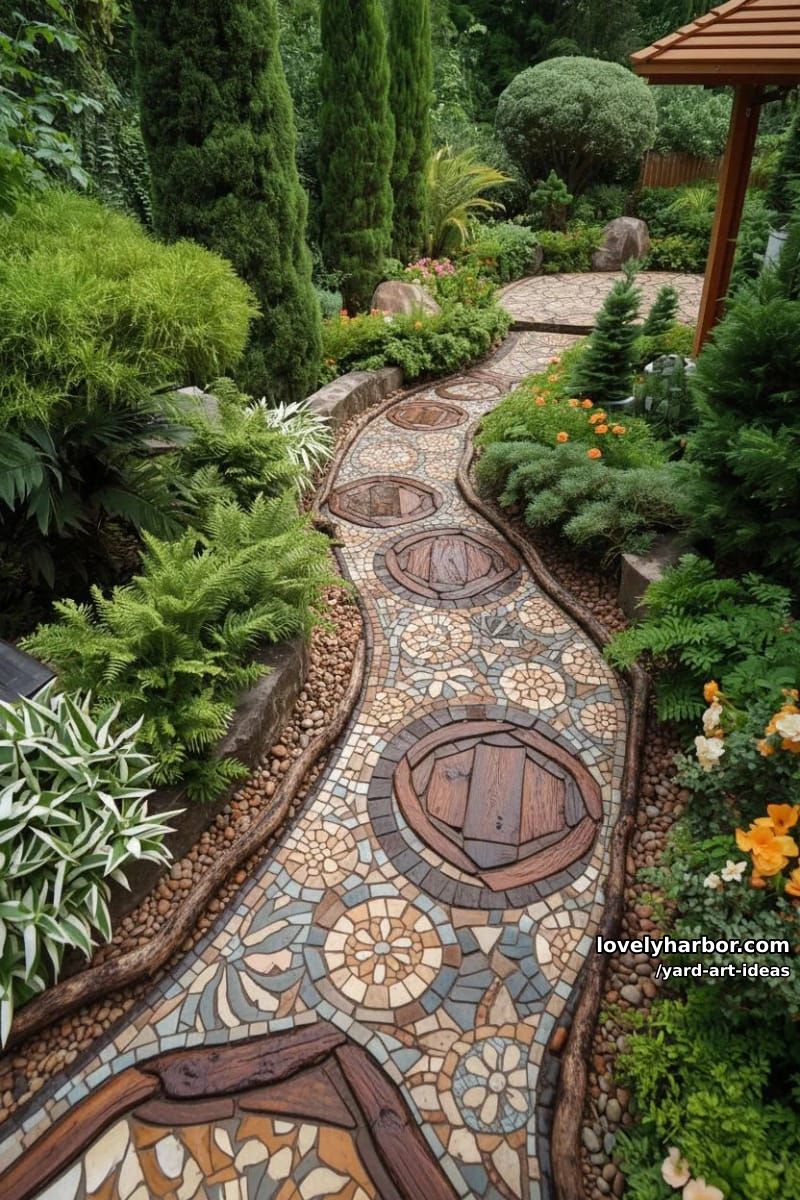 intricate mosaic garden pathway with stones, wood, and ceramic tiles. 1