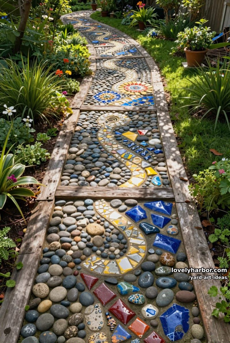 intricate mosaic garden pathway with stones, wood, and ceramic tiles. 1