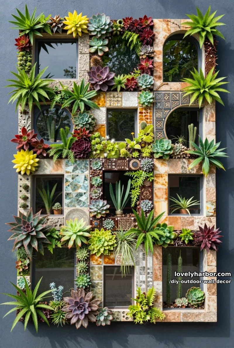 20 Easy DIY Outdoor Wall Decor Ideas You'll Love 21 intricate vertical garden wall with plants, tiles, mirrors, and decorative accents 1