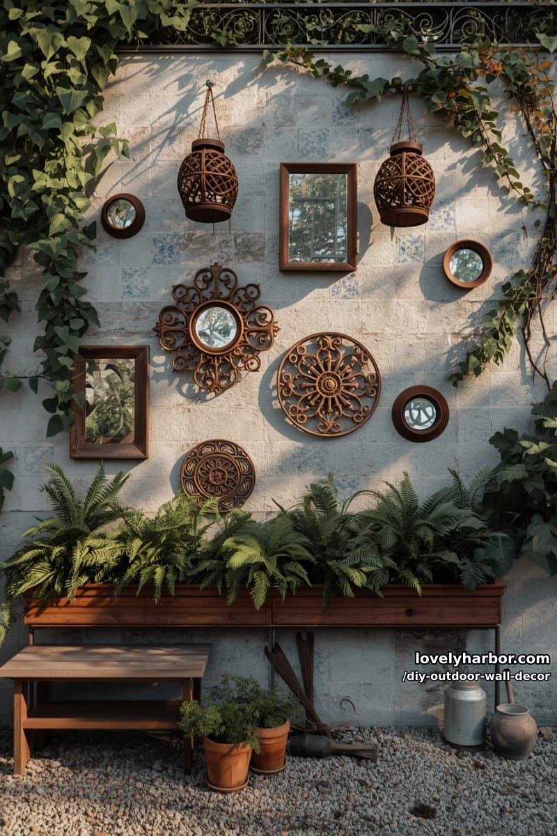 intricate vertical garden wall with plants, tiles, mirrors, and decorative accents 1