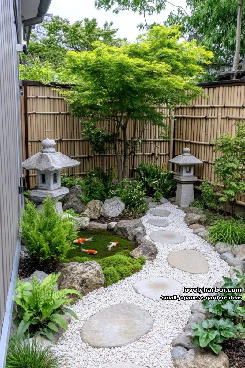 20 Small Japanese Garden Ideas for a Zen Atmosphere 5 japanese backyard with gravel paths, bamboo fencing, koi pond, and maple tree. 1