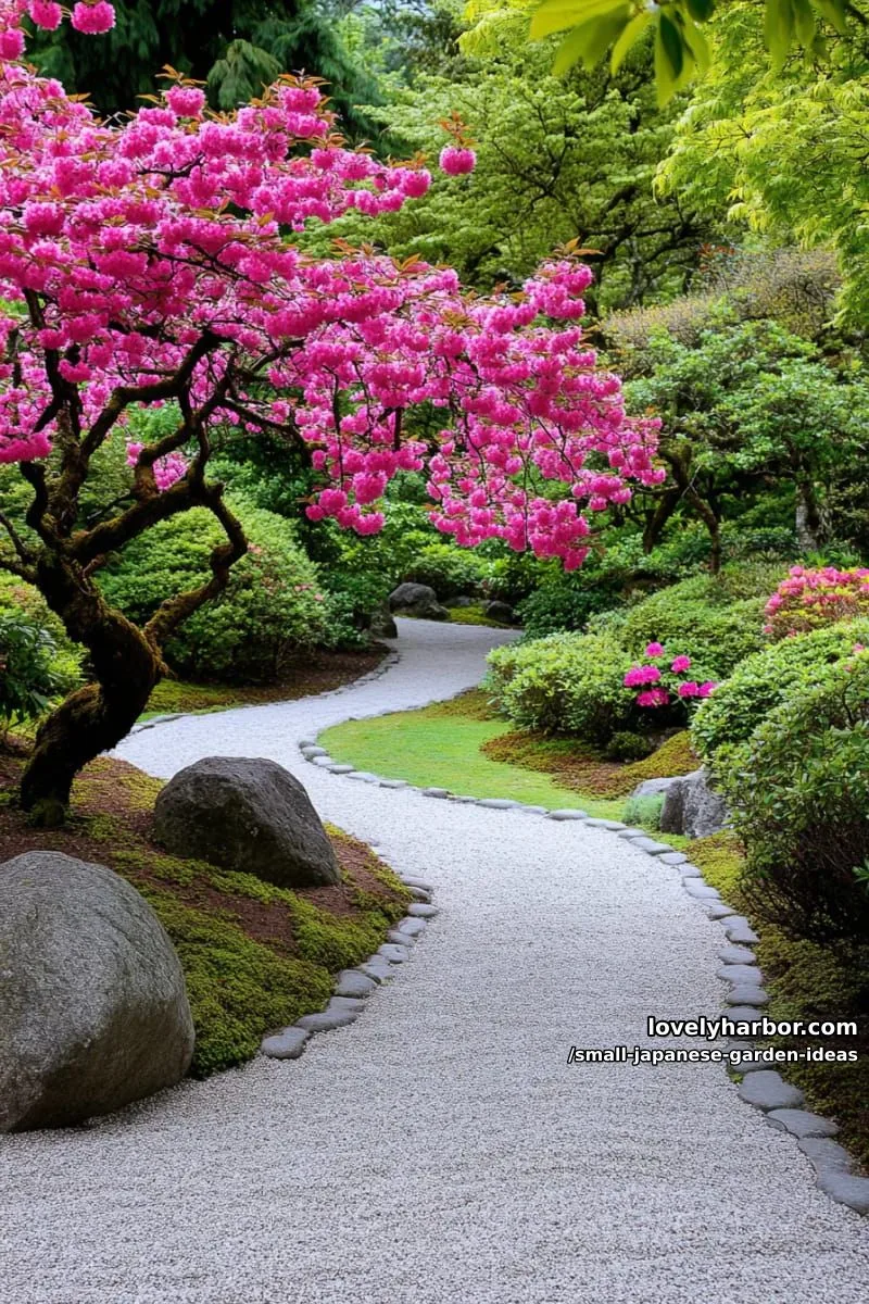 20 Small Japanese Garden Ideas for a Zen Atmosphere 48 japanese garden with curving stone path, pink blossom trees, and manicured evergreens. 1