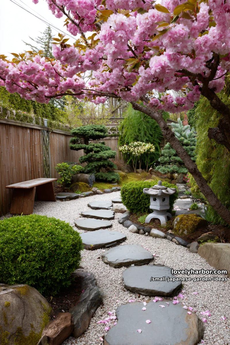 japanese garden with curving stone path, pink blossom trees, and manicured evergreens. 1
