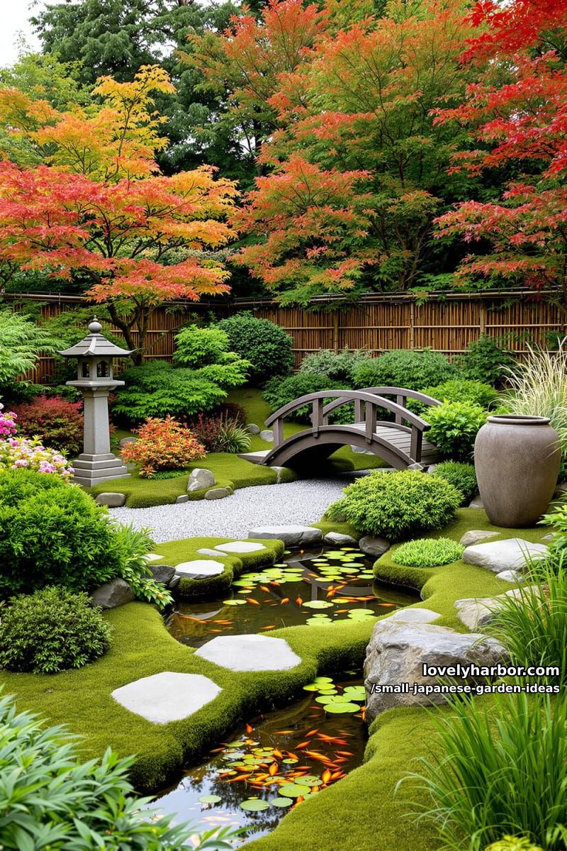 japanese garden with moss, azaleas, stone lantern, arched bridge, koi pond, and maples. 1