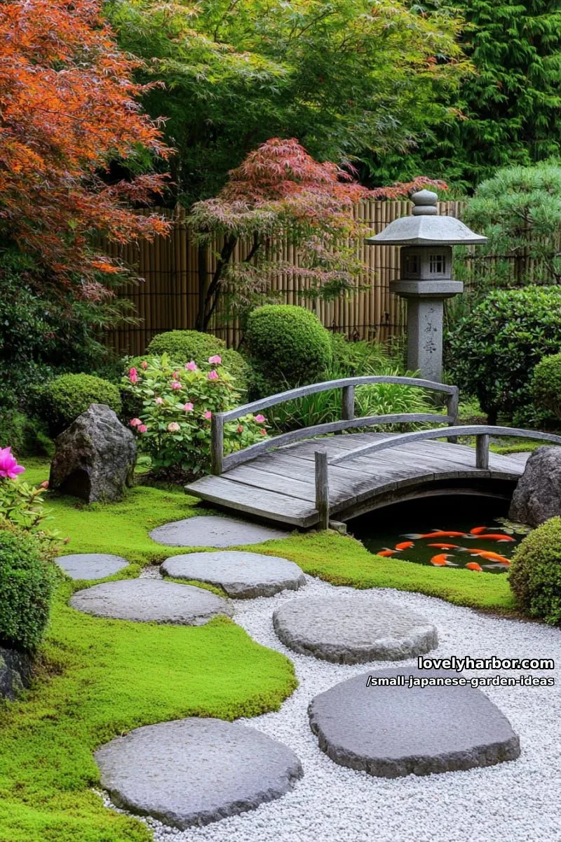 20 Small Japanese Garden Ideas for a Zen Atmosphere 11 japanese garden with moss, azaleas, stone lantern, arched bridge, koi pond, and maples. 1