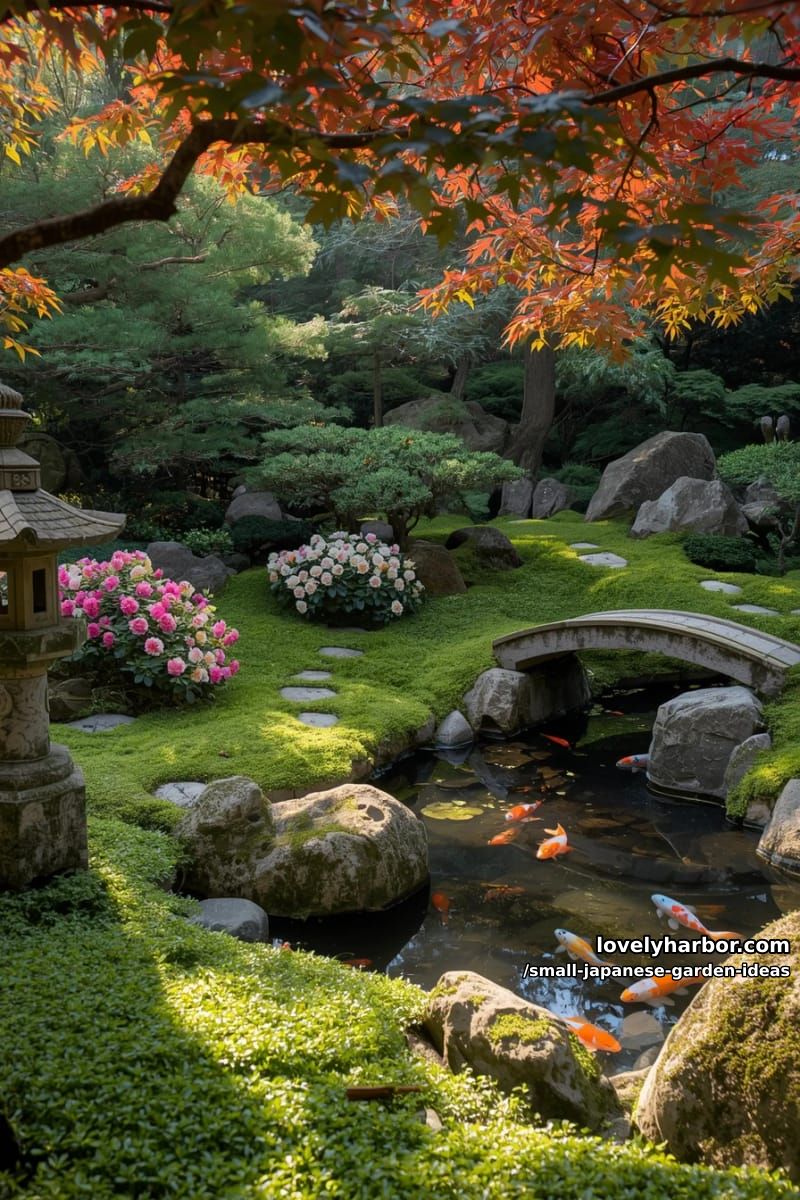 japanese garden with moss, azaleas, stone lantern, arched bridge, koi pond, and maples. 1