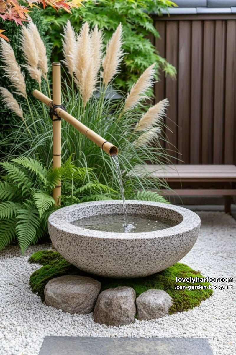japanese garden with stone water basin, bamboo spout, and pampas grass. 1