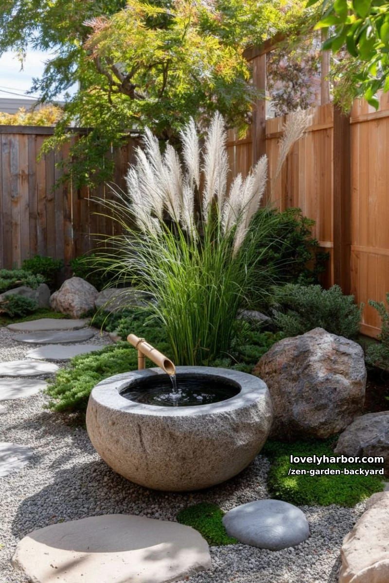 japanese garden with stone water basin, bamboo spout, and pampas grass. 1